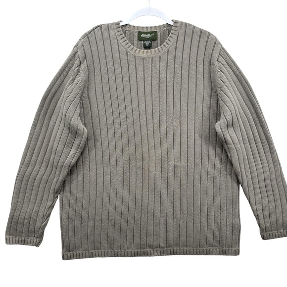 Eddie Bauer Vintage Sweater Mens Tall XL Green Beige Rib Knit Cotton Japan Made - Picture 1 of 7